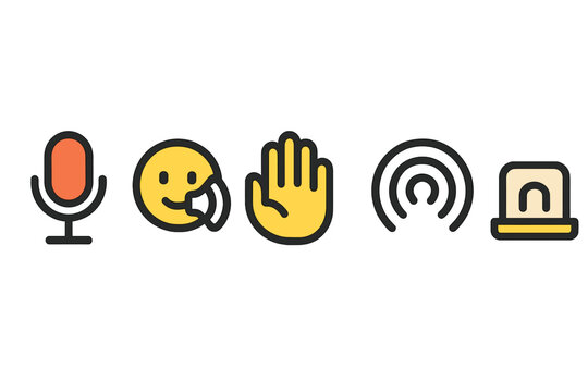 Microphone, speech bubble, hand gesture, sound wave, and hat icons representing communication concepts and interaction tools in digital media