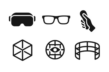 Virtual reality equipment showcased in a simple black and white design with glasses, controllers, and geometric shapes