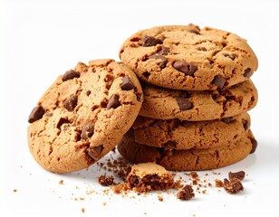 Stack of chocolate chip cookies with crumbs