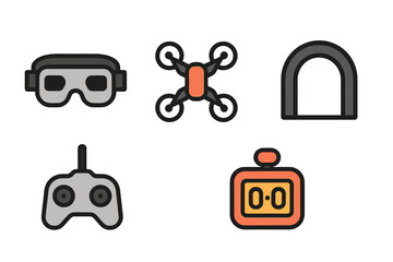 Obraz premium Variety of modern technology icons representing gaming and drone activities in a minimalistic design