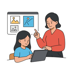 Digital Guidance: A supportive interaction between a teacher and student, fostering a positive learning experience. The teacher points to a digital screen displaying image examples.