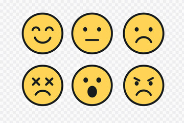 Collection of six emoticons expressing different emotions in a simple design