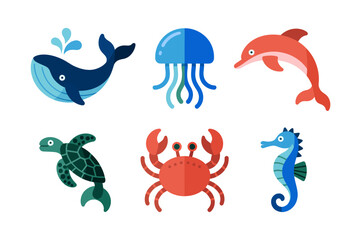 Ocean creatures icon set, whale jellyfish dolphin turtle crab vector, sea life illustration, aquatic wildlife clipart, underwater design assets