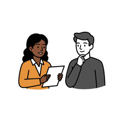 Conversation in Progress: A friendly interview or discussion is unfolding, depicted through a clean, stylized illustration. A person holds a document and the other one is thinking. 