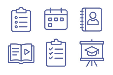 Collection of educational tools including checklists, calendar, notebook, and presentation board