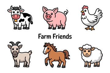 Obraz premium Farm friends collection, cow pig sheep horse chicken goat, barnyard animals, friendly character vector, rural theme