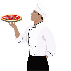 male chef holding pizza in hand no background