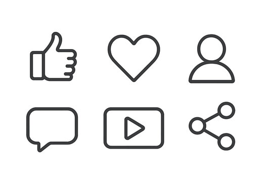 Social media interaction icons including like, love, user profile, comment, play button, and share symbol for digital engagement