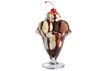 A classic hot fudge sundae with vanilla and chocolate ice cream, whipped cream, nuts, and a cherry isolated on transparent background