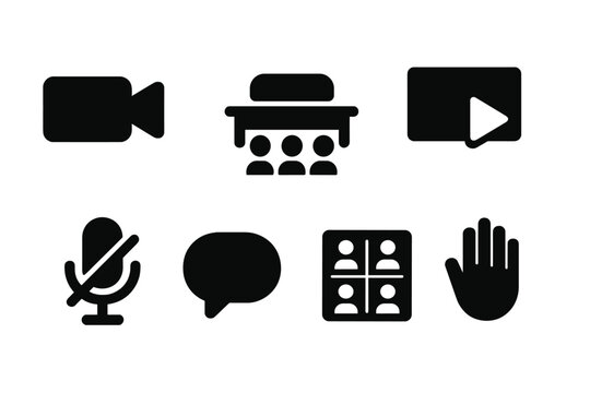 Icons representing video conferencing tools and communication symbols for online meetings