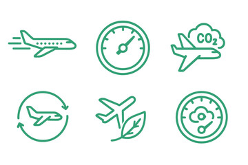 Air travel icons depicting flight, emissions, sustainability, and environmental impact in a minimalist design