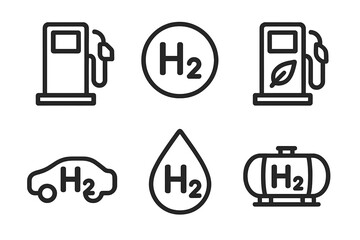Hydrogen fuel symbols depicting fueling stations, vehicles, and storage options for sustainable energy solutions