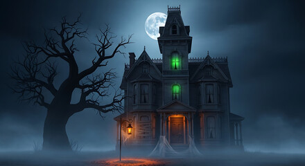 Spooky haunted house under a full moon with bare tree