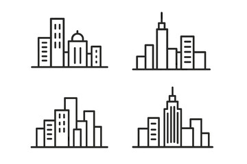 City skyline illustrations showing various architectural styles and building designs in a minimalist aesthetic