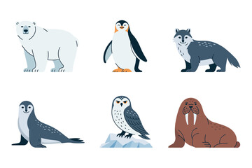 Arctic wildlife icon set, polar bear penguin seal snowy owl walrus vector, ice floe illustration, polar nature clipart, education elements