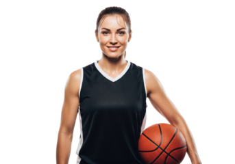 Smiling woman holding a basketball isolated on a transparent background

