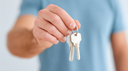 Man holding new set of silver keys in his hand, close up, focus on keys, concept of locksmith service, security, home ownership, and real estate transaction
