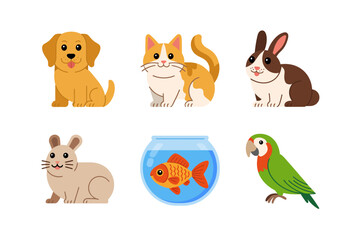 Fototapeta premium Pet animal icon set, dog cat rabbit mouse goldfish parrot vector, friendly cartoon illustration, home pet clipart, kids learning design