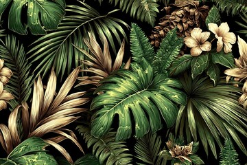 Tropical foliage pattern with gold and green leaves, ferns, and flowers on black background