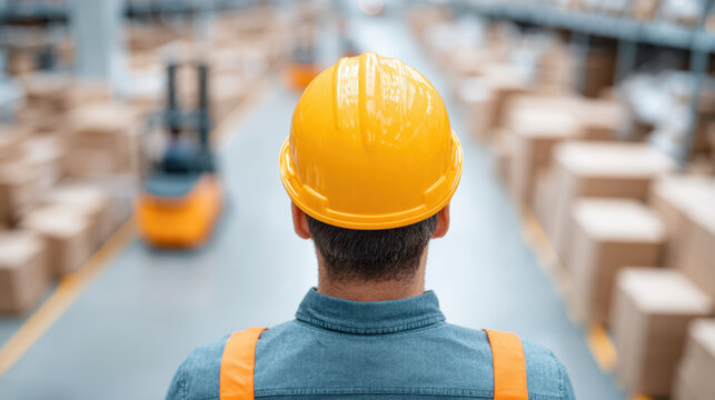 Warehouse manager wearing yellow hard hat supervises busy warehouse with stacked cardboard boxes and forklifts, ensuring efficient logistics and safety in industrial environment