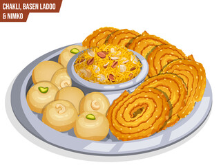 Diwali Snacks Plate with Chakli, Basen Ladoo and Farsan. Traditional Savoury & Sweet Fried Treats Illustration