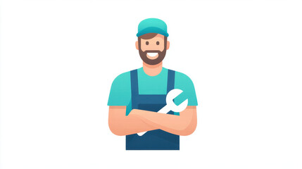 Smiling repairman holding wrench, wearing cap and overalls, standing with arms crossed, representing friendly and professional service for maintenance or repair work