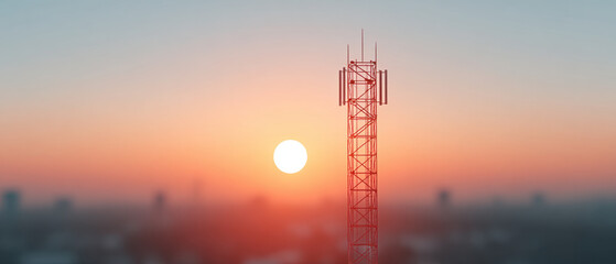 Naklejka premium Cellular tower sunrise silhouette communication technology city sky antenna dawn peaceful scene. tall cellular tower stands against vibrant sunrise with soft cityscape background evoking calmness