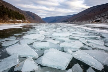 Frozen lake, shattered ice, mountain backdrop
