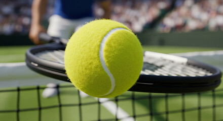 Close up shot of a tennis ball on the net with a tennis racket and a player in the background Close up shot of a tennis ball on the net with a tennis racket and a player in the background