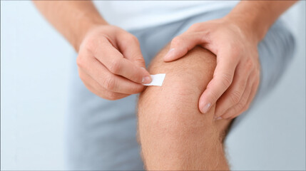 Person hand applying adhesive bandage on knee close up injury care first aid skin protection health and wellness gentle touch home treatment minor wound calm atmosphere