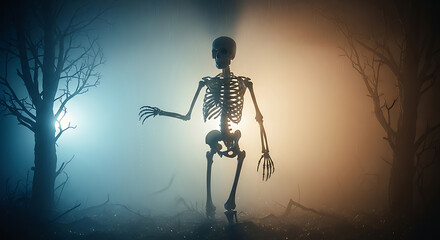 Skeleton figure walking in a foggy forest