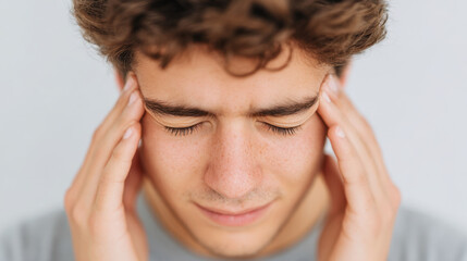 Fototapeta premium Young man with curly hair touching temples, eyes closed, experiencing headache or stress, close up, neutral background, emotional discomfort, health concept