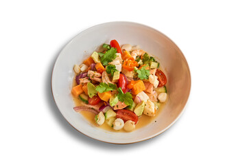 Ceviche mixed in bowl isolated on white