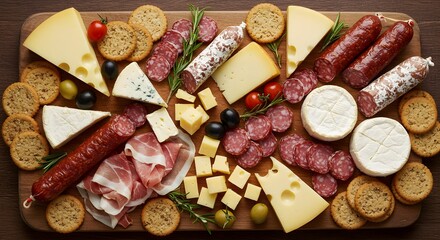 Overhead of a charcuterie board with various meats, cheeses, and crackers