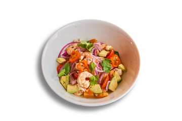 Ceviche scampis classic in bowl isolated on white