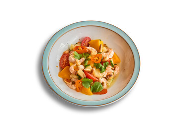 Ceviche pineapple, Mango and shrimps in bowl isolated on white