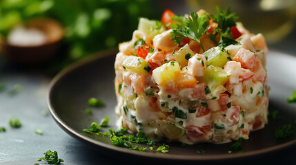 Russian salad served on an elegant plate with fresh herbs  