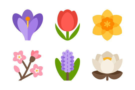 Spring flower icon set, crocus tulip daffodil, cherry blossom branch, lavender sprig, magnolia bloom, gentle pastel vector