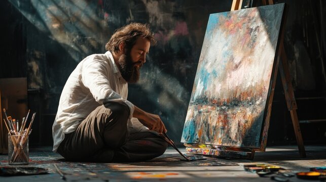 Bearded artist deeply absorbed in the creative process of abstract painting - Powered by Adobe