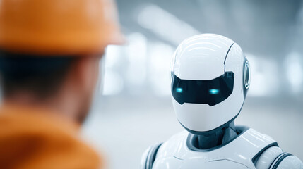 Futuristic robot with glowing blue eyes interacts with male telecommunications engineer in orange safety helmet, advanced technology in modern industrial environment