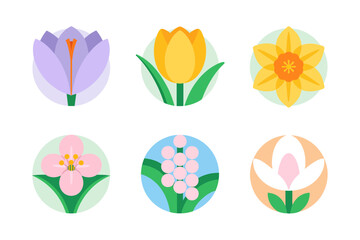 Spring flower round icon set, crocus tulip daffodil cherry blossom vector, floral badge illustration, minimal circle emblem, garden clipart