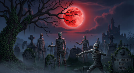 Halloween scene with mummies in a graveyard under a red moon
