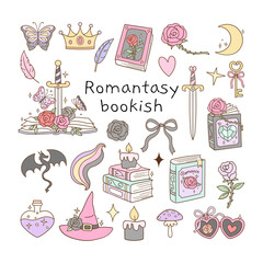 Obraz premium Draw vector illustration collection romance book Girls reading Fantasy novel Doodle cartoon style