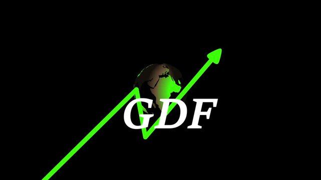 Glowing neon world map, GDF growth graph, global economic development, futuristic financial data, dark background