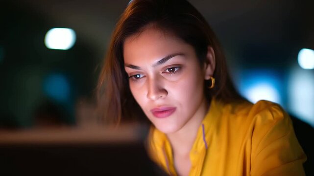 A dedicated Indian designer in a startup office, working late to meet a crucial project deadline. This focused work and determination, part of a late-night hustle, are key to project completion