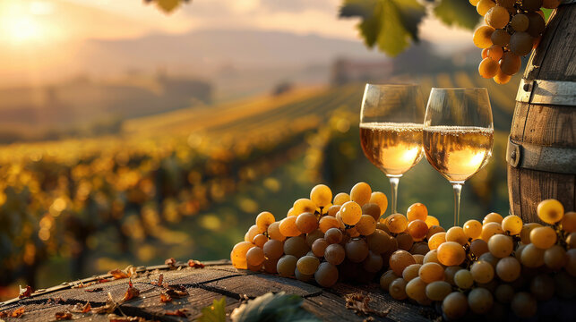 Panorama wine with grapes barrel sunny vineyard background. Seasonal grape background, harvest