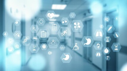 Modern Hospital Corridor with Floating Medical Icons: Health, Technology, Innovation, and Digital Healthcare Concept - Powered by Adobe