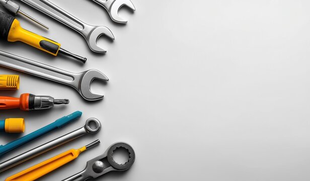 Colorful assortment of essential home repair tools including wrenches and screwdrivers arranged in an artistic flat lay composition on white background with copy space for text or logo design