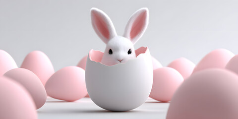 Fototapeta premium Cute 3D Easter bunny with long ears emerging from a white egg, surrounded by pink eggs, perfect for festive holiday designs and seasonal greetings.
