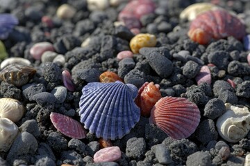 Colorful seashells scattered on dark volcanic rocks